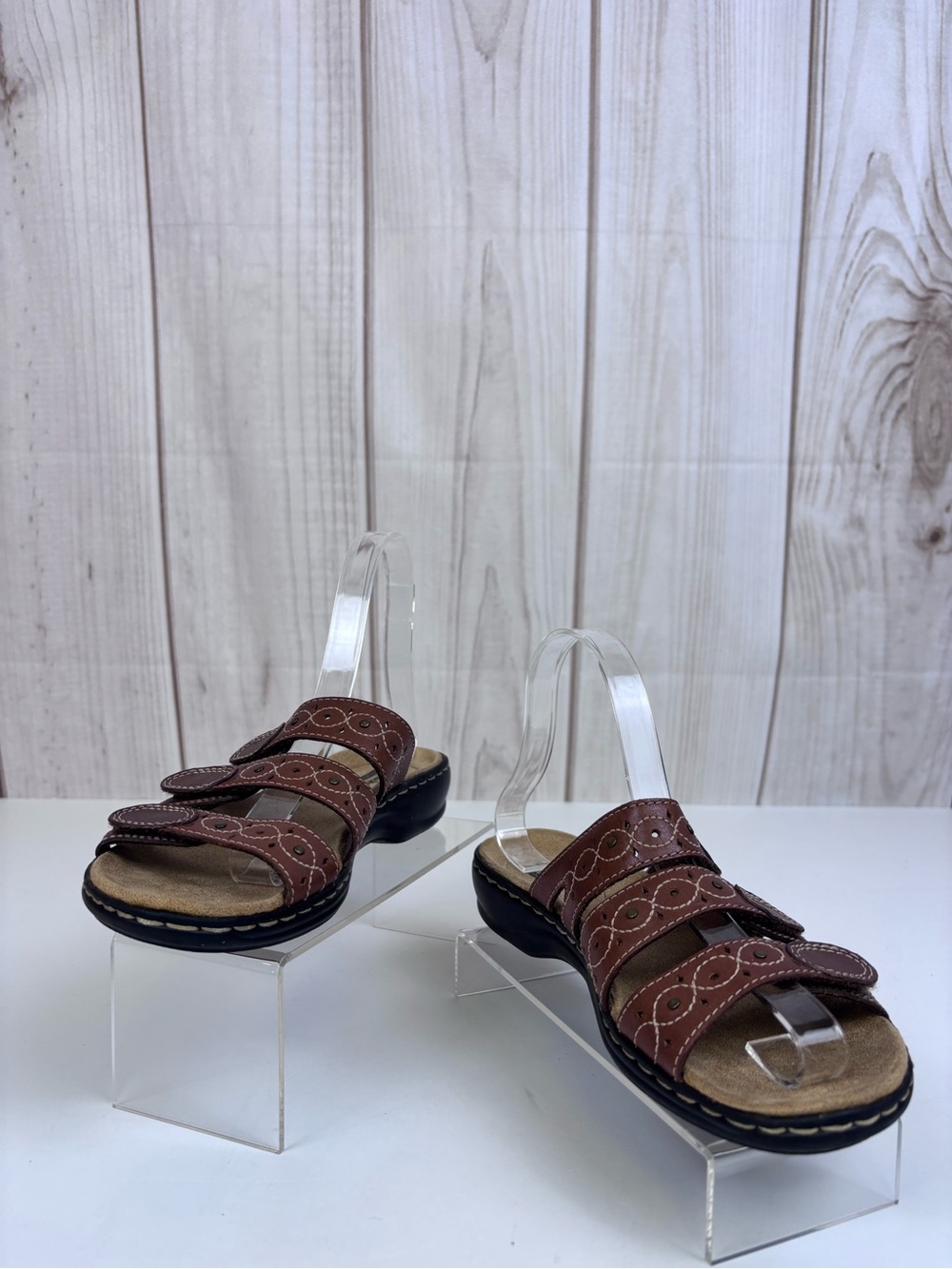 Clarks Leisa Cacti Q Leather Multi-Strap Slide Lightweight Sandals Brown Size 7 - Picture 3 of 15